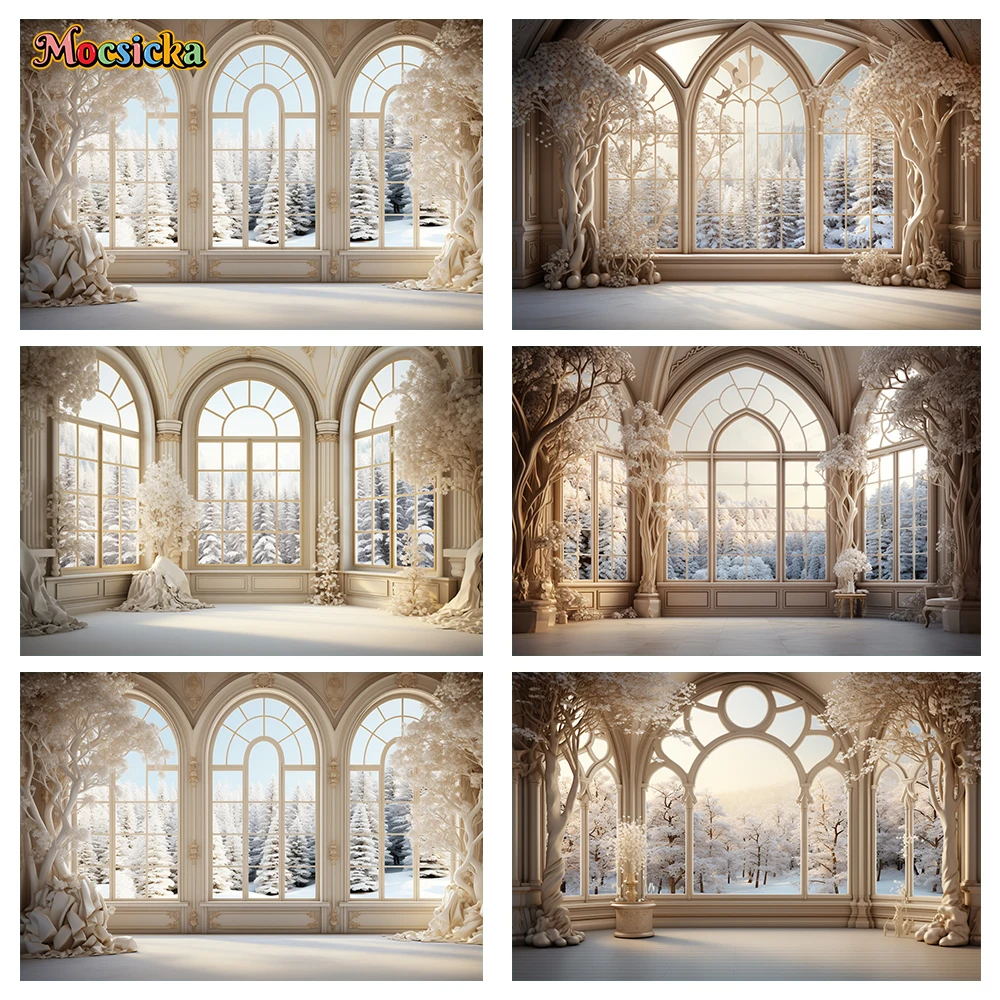 

Mocsicka Winter Christmas Photography Background White Luxury Window Scene Holiday Party Family Kids Photo Backdrops Studio