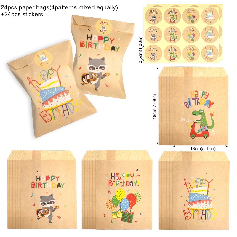 24 Sets Danke Kraftpapiertüten Niedlicher Regenbogen Dino Alles Gute zum Geburtstag Geschenkbeutel Retro Blumen Partybevorzugung Tasche Süßigkeiten Keks Zubehör – Detail 1