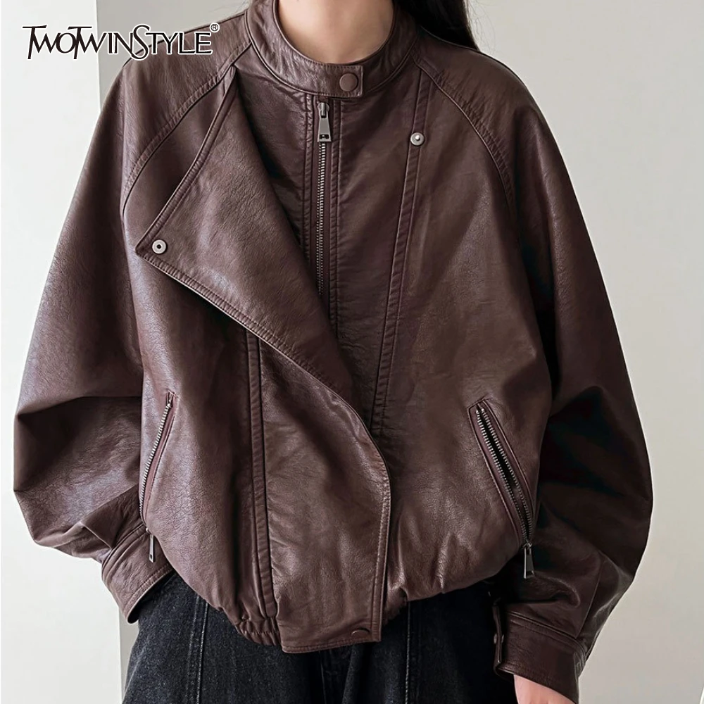 

TWOTWINSTYLE, однотонная крутая куртка на молнии, женская свободная уличная одежда с круглым вырезом и длинными рукавами, женские куртки, осенний модный стиль