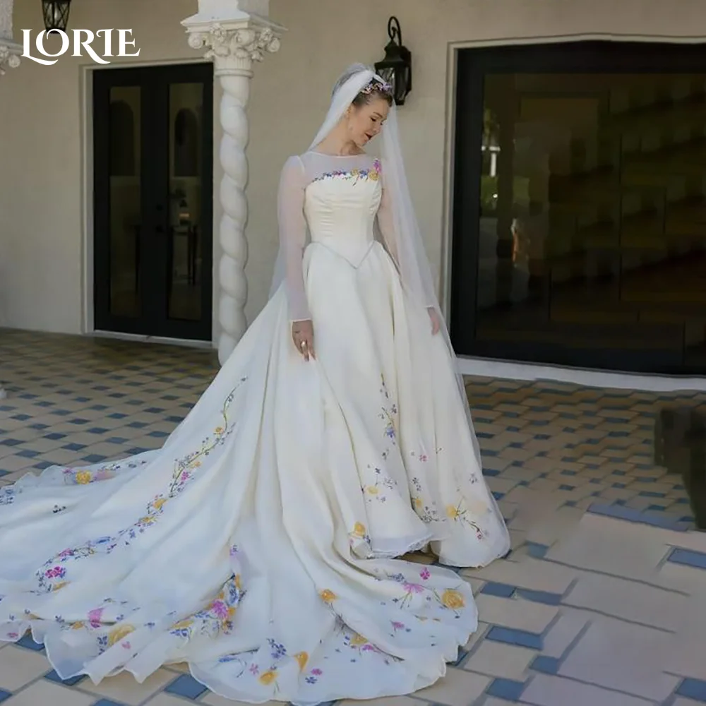 

LORIE 3D Flowers Mermaid Wedding Dresses High Collar A-Line Puff Sleeve Long Sleeve Bridal Gown Princess Bride Dress Customized