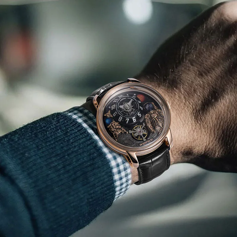 Мужские часы PINDU, новая космическая серия, уникальный дизайн, трехмерный циферблат, арабские цифры, светящиеся сапфировые механические часы W2101B