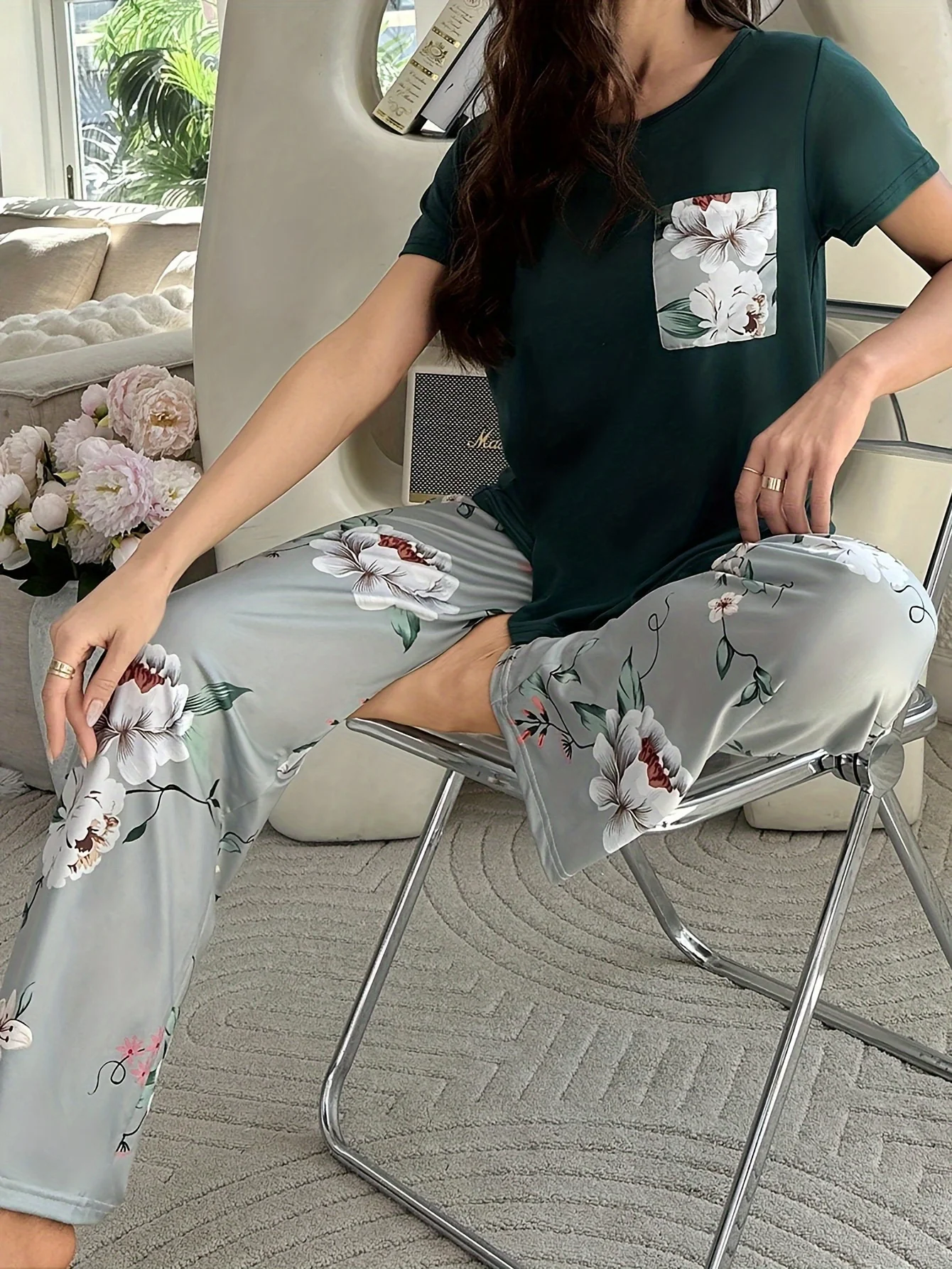 Printed trousers+pocket short-sleeved shirt pajamas set