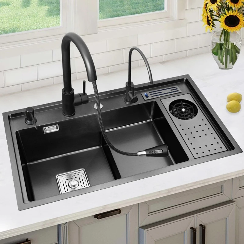 Handmade 304 Stainless Steel Single Bowl Kitchen Sink Large Black Multi-Function High Low Step Cup Rinser Square Shape