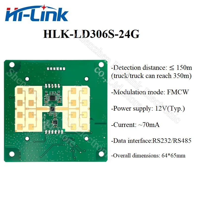 Hi-Link LD306S 24G speed radar module 70mA vehicle speed monitoring RS485 1km/h serial communication 150m Detection distance