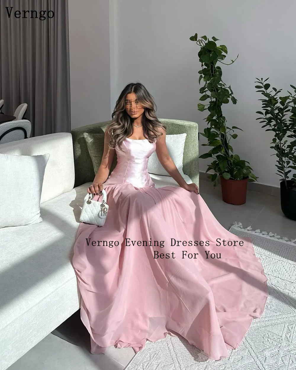 Verngo Pink Satin Evening Dress Stapless A Line Arabic Formal Party Dress Eid Maxi Chiffon Prom Party Dress Customized