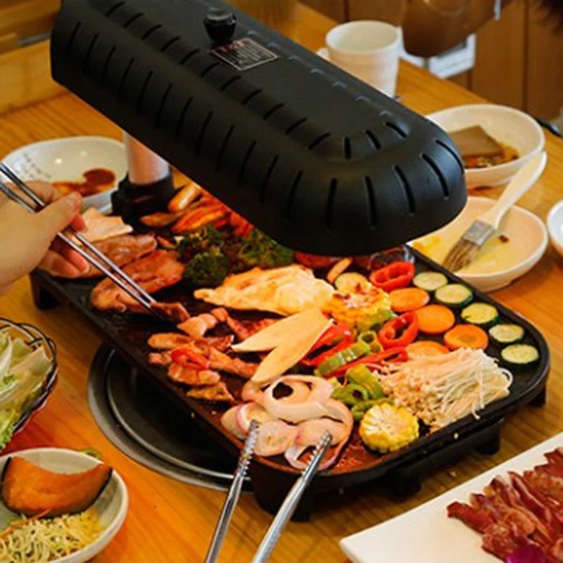 Horno eléctrico multifuncional infrarrojo para el hogar, parrilla interior sin humo, bandeja antiadherente para hornear, barbacoa, XY-00166 de 1390W