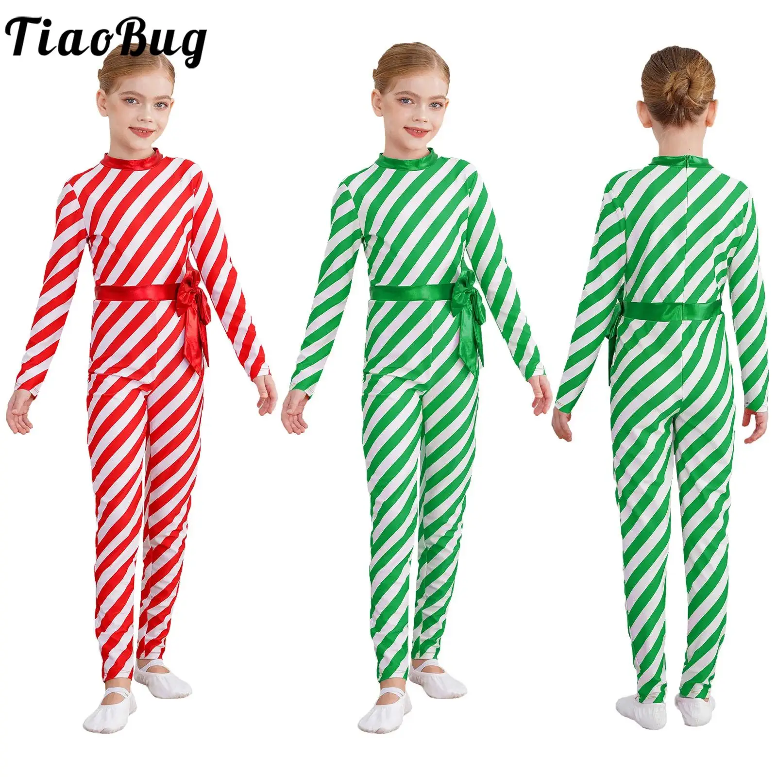 

Girls Candy Cane Striped Christmas Costume Long Sleeve Bow-knot Long Jumpsuit Dance Dresses Figure Skating Xmas Dancewear