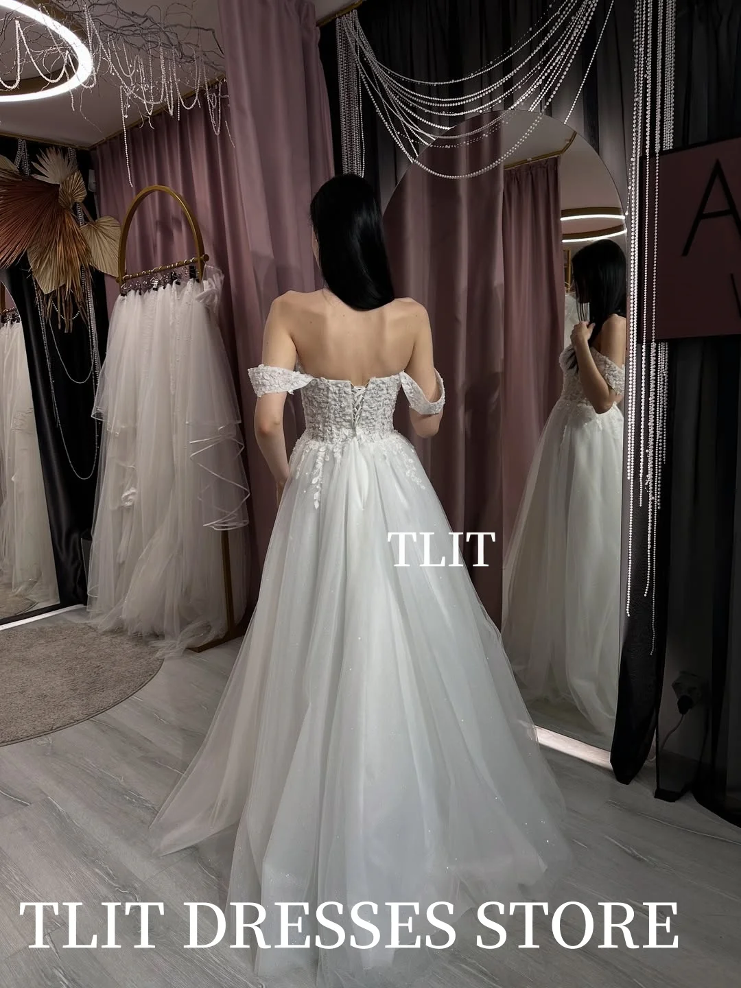 فساتين زفاف TLIT الفاخرة من التول الأبيض مخصصة على شكل قلب مزينة باللؤلؤ الكريستالي قبالة الكتف مشد زي العرائس #4