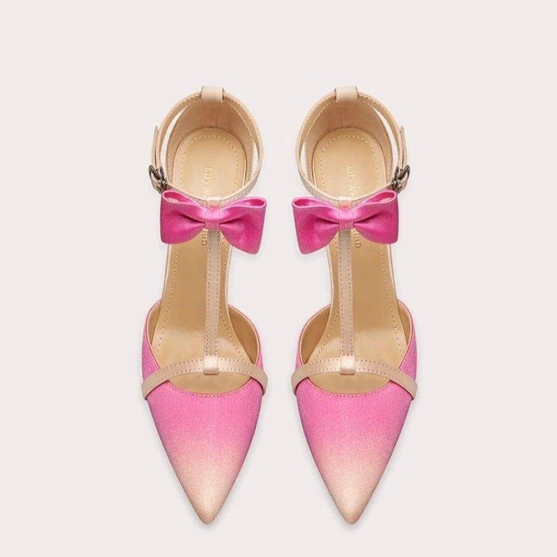 Spring and summer new pointed hollow color block bow single shoes high-heeled banquet dress large size small size women's sandal