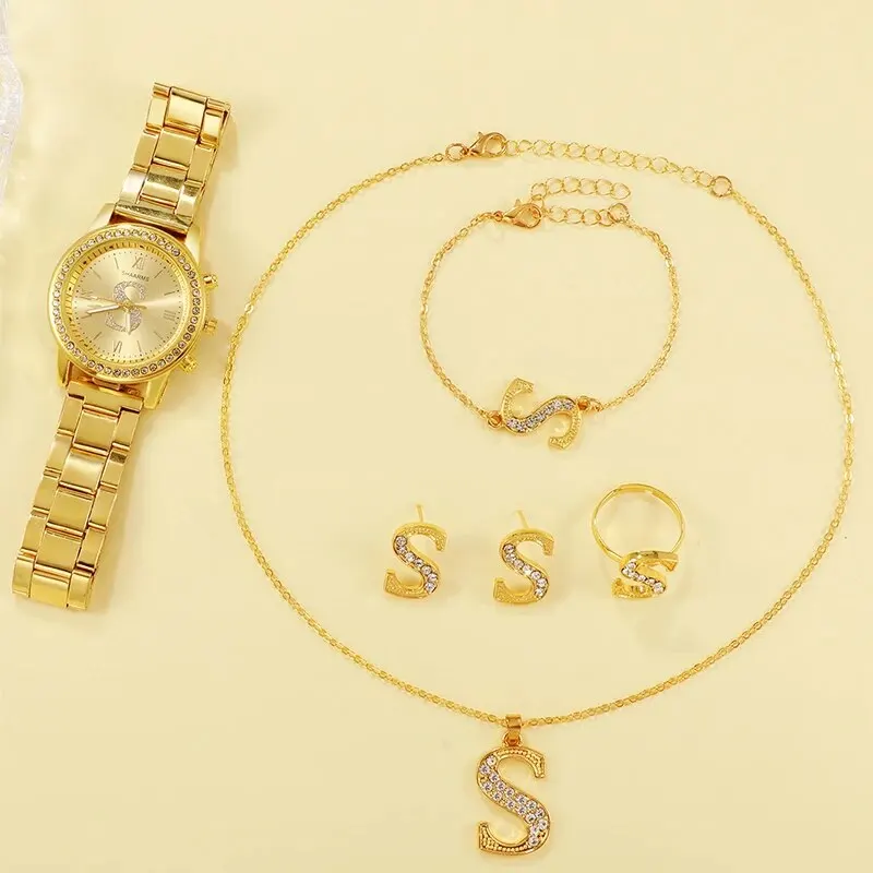 Luxury Gold Watch Womens S Letter Design Ring Necklace Earrings Fashion Wristwatch Female Casual Ladies Steel Bracelet Set Clock