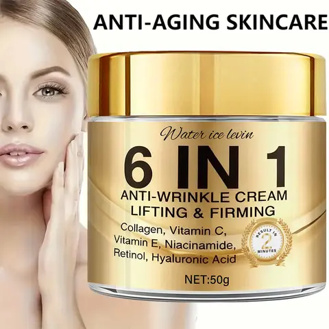 6-In-1 Anti-Wrinkle Cream. Lifts Firms Smooths Moisturizes. Collagen Vitamin C E Niacinamide Retinol Hyaluronic Acid. 50g