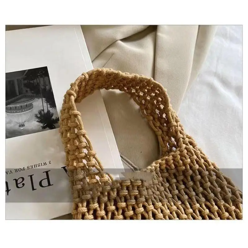 

Hollow Out Knitted Handbag Cotton Rope Woven Large Capacity Shoulder Pouch Mommy Bag Student Daily Casual Bag