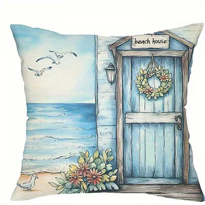Home Decor Beach Scenes Bicycle Flowers Coastal House Pattern Cushion Cover Suitable For Sofa Bedroom Car Pillow Cover