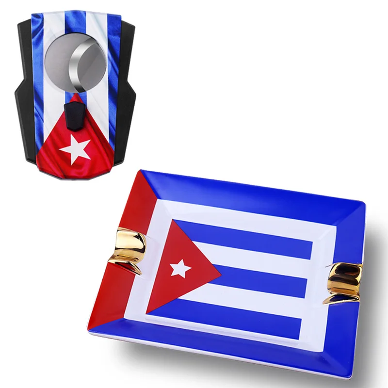 Cigar Set with Cuban Flag, Stainless Steel Cigar Cutter, Gold-Plated Cigar Ashtray, Cigar Accessories, Premium Gift view 4