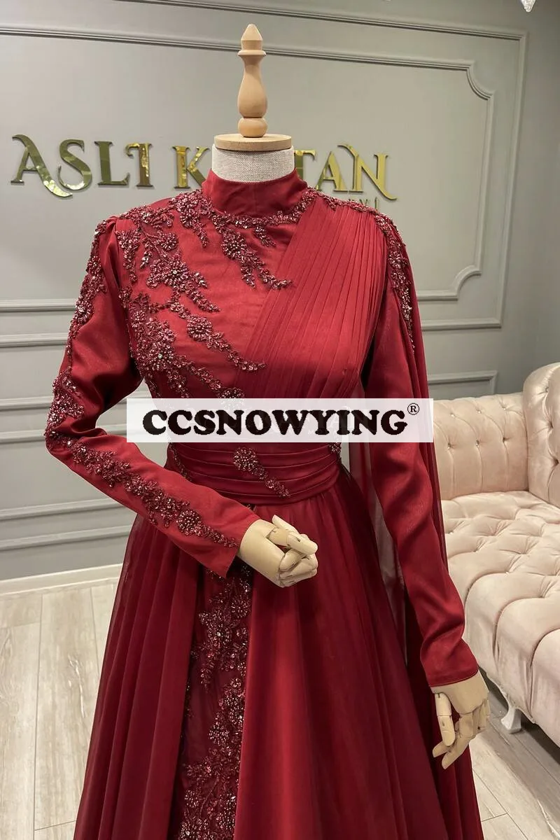 Bungundy Chiffon Appliques Muslim Evening Dresses Long Sleeve Islamic Formal Party Gown Hijab Arabic Kaftan Robe De Soiree