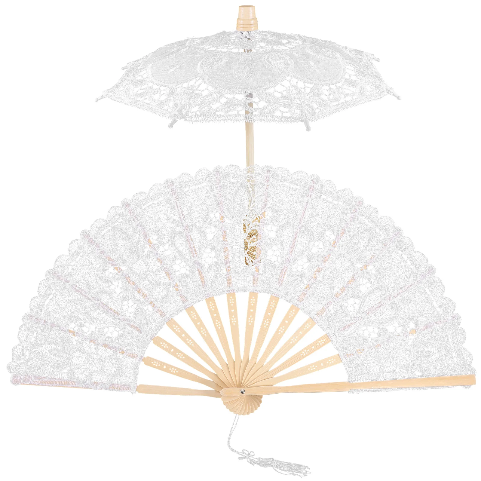 

Lace Umbrella Fan Set White Vintage Wedding Photography Prop Compact Lightweight Party Bridal Accessories Tea Costume Event