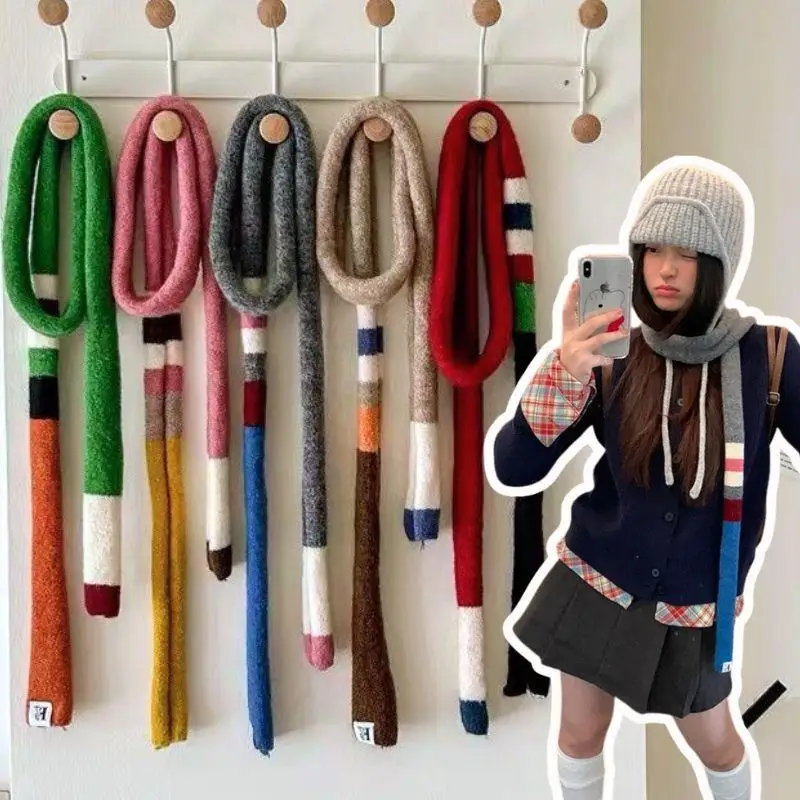 

Korean Version Wool Striped Plush Scarf Women's Niche Design Sense Spice Girl Versatile Decoration Thin And Narrow Long Scarf