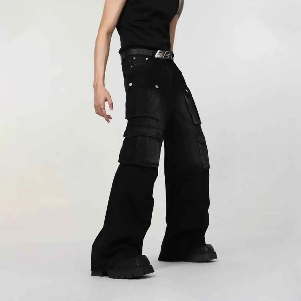 Outono novo masculino multi-bolso trabalho jeans americano retro moda tendência hip-hop rua solta casual nicho bottoms masculinos 2025