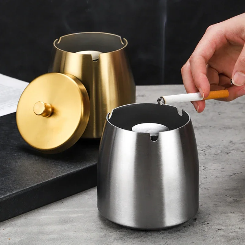 Creative Desktop Ashtray with Lid Heightened Thickened Stainless Steel Ashtray Windproof Anti-Fly Ash Tray Smoking Accessories