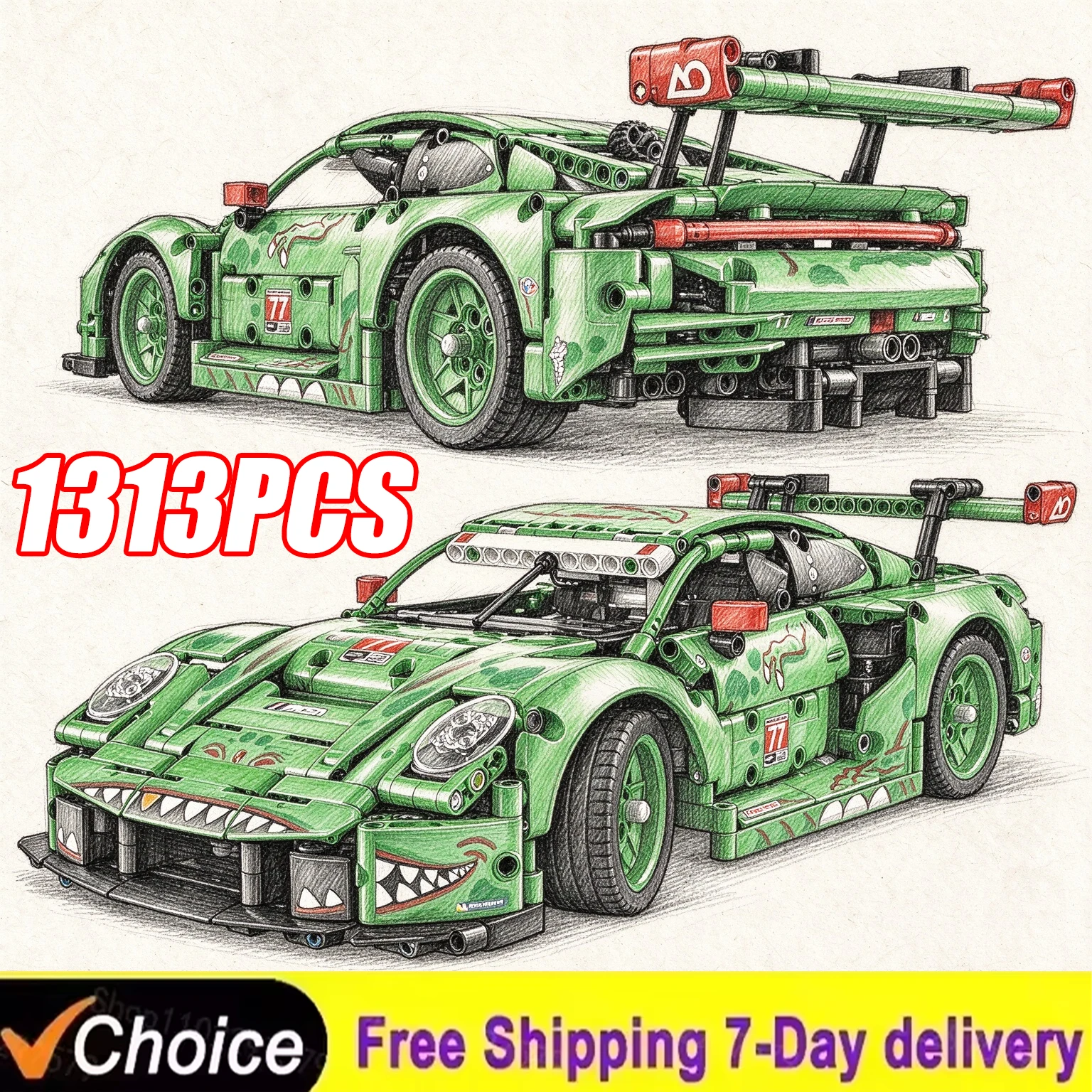 Technical 1313PCS 1:8 Scale GT3 Racing Car MOC Model Sport Car Advanced Construction Replica Exclusive Collectible Birthday Gift