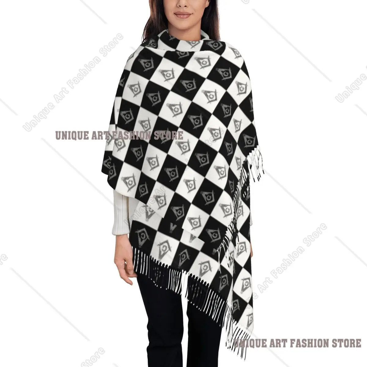 

Черно-белый масонский шарф с клетчатым узором и принтом на заказ для мужчин и женщин, зима-осень, теплые шарфы, шали, накидки