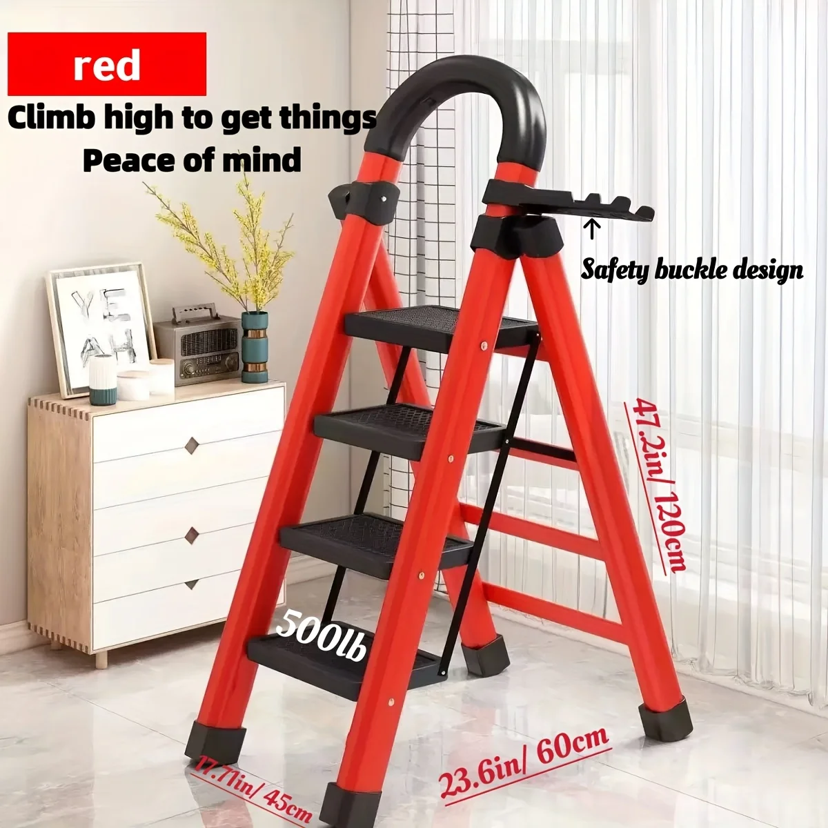 Heavy-duty Three-, Four-, and Five-step Portable Folding Ladder, 500-pound Capacity, Durable Plastic Non-slip Steps