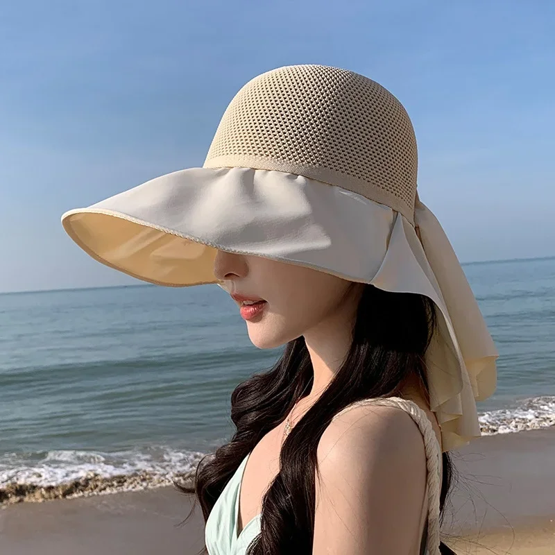 Cappello da sole estivo da donna con protezione UV Cappello da pescatore a tesa larga con scialle maschera Perfetto per la protezione solare da spiaggia all'aperto