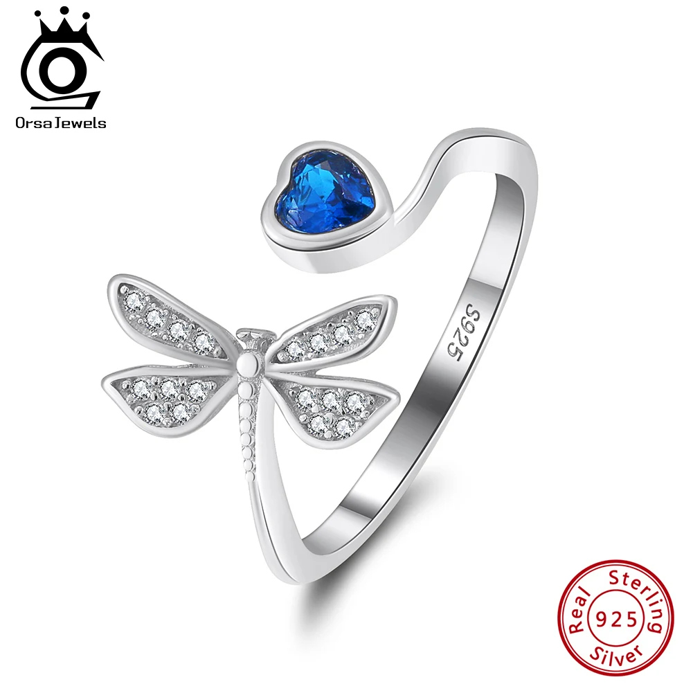 

ORSA JEWELS Blue Cubic Zirconia Heart Open Ring 925 Sterling Silver Creative Cute Insect Charm Finger Ring Classic Style SR329