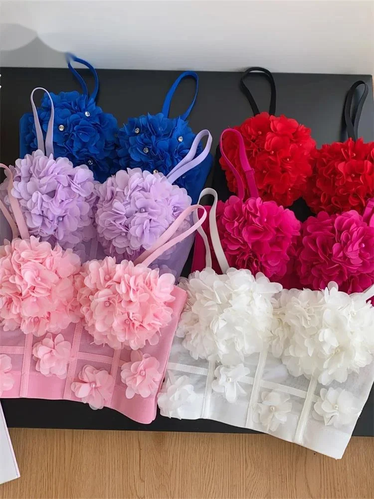 

Сексуальный пляжный топ-камизоль для женщин с бретелями, корсетом, бисером и 3D цветочным дизайном, модный уличный стиль, французский шик, топ-майка