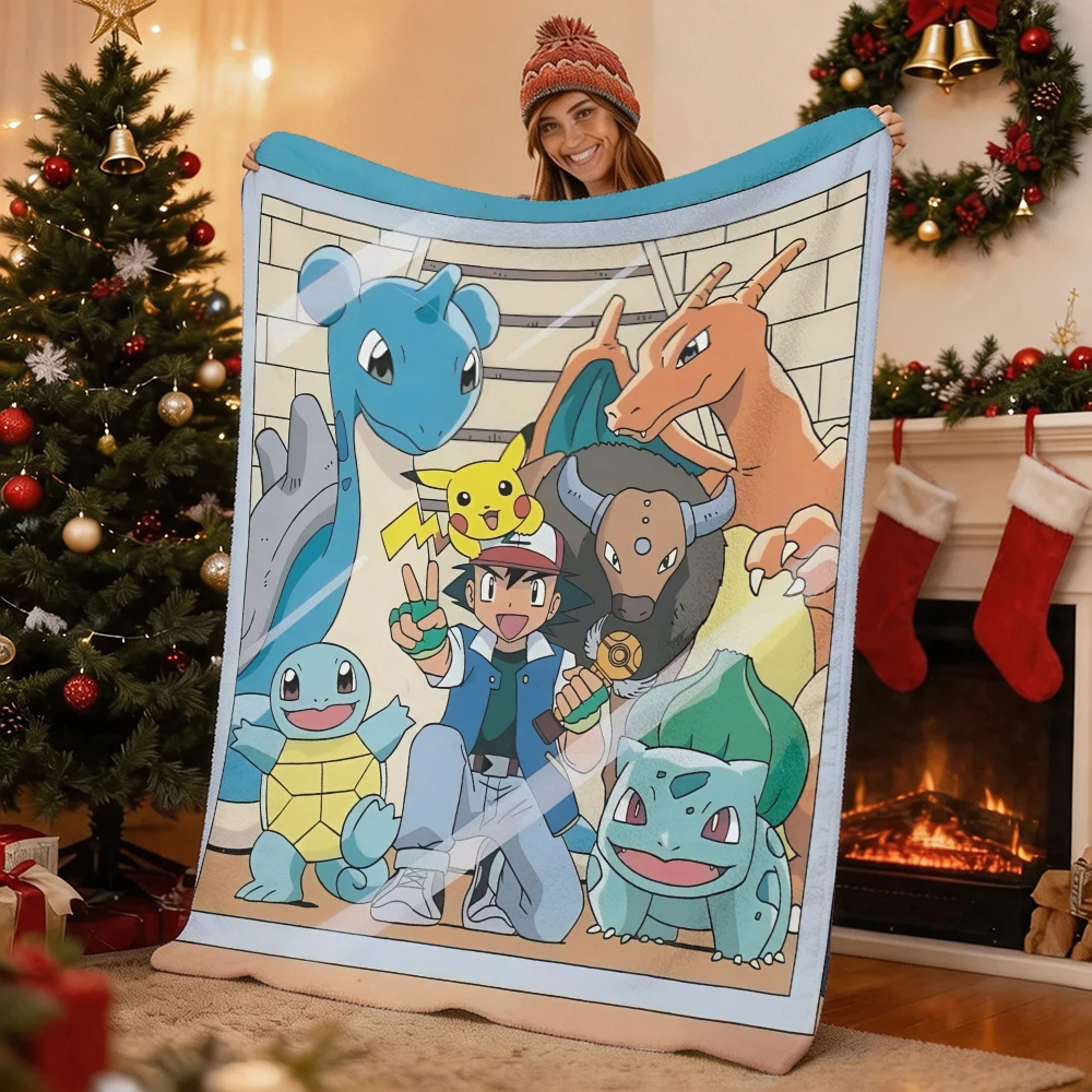 Pokemon Ash Pikachu Lapras Charizard Squirtle Bulbasaur Flannel Throw Blanket Soft Warm Cartoon Blanket for Sofa Bed Home Decor