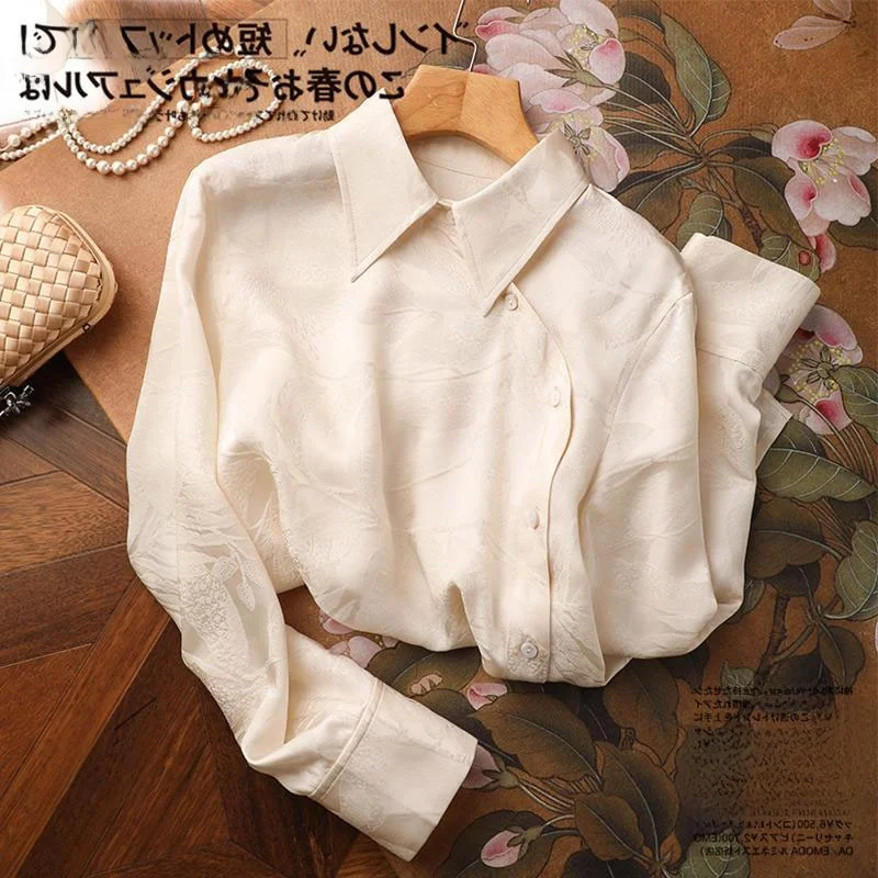 Long Sleeve Chiffon Shirt Casual Loose  Collar Chinese Style Side Buttoned Elegant Quality Small Batch Autumn Wear
