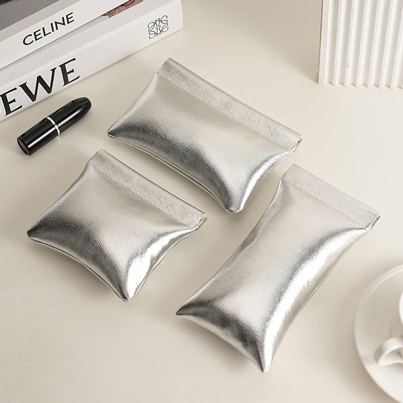 Super Cool Small Silver Wallet Portable Data Cable Storage Bag Snap Automatic Closure Wired Earphone Mini Digital Pouch