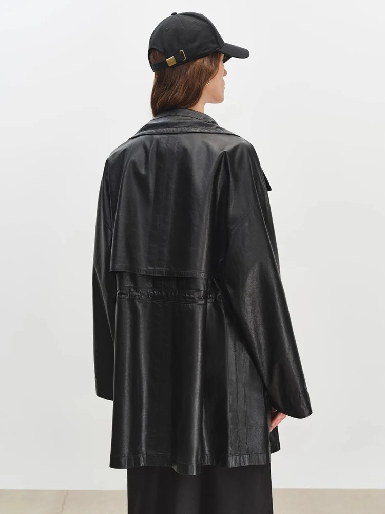 ความยาวกลางของแท้หนัง Windbreaker แจ็คเก็ตผู้หญิงฤดูใบไม้ผลิฤดูใบไม้ร่วง High-end Simple STAND COLLAR นุ่ม Real Sheepskin Coat