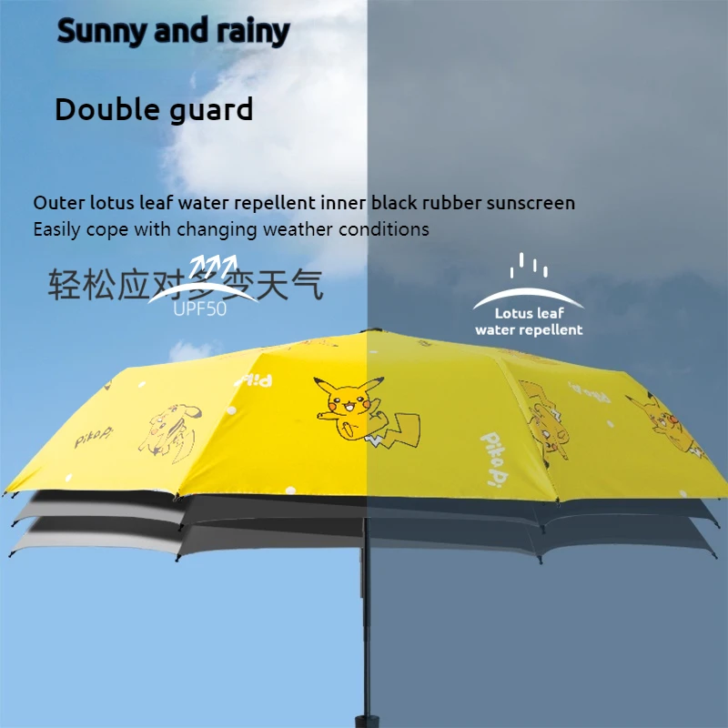 Pikachu Fully Automatic Umbrella Suitable Both Girls Students 3 Fold Sunshade Sun Protection Uv Cartoon Cute Anime Peripherals