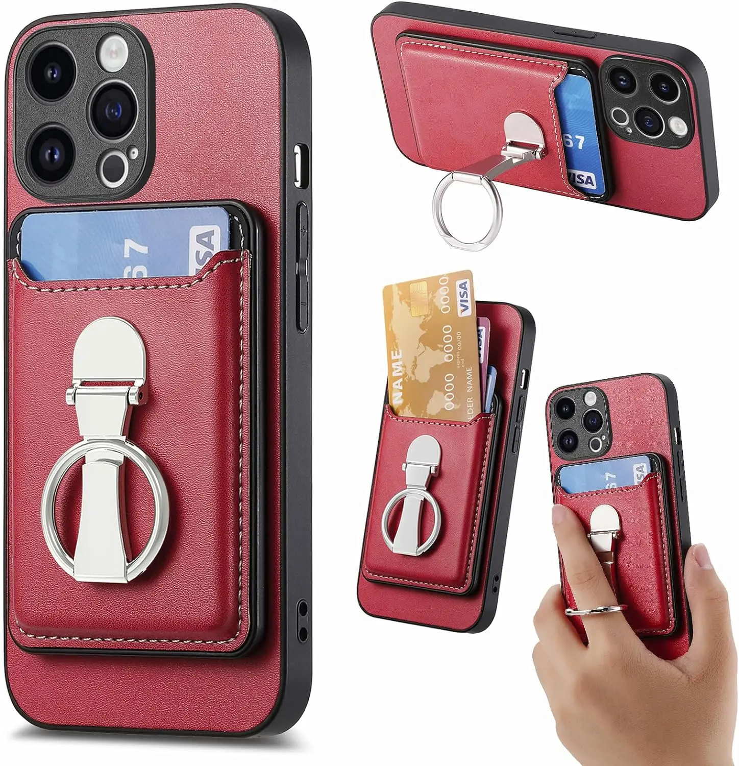 Leather Case for iPhone 15 14 13 Series, Wallet Cover with Removable Card Holder, 360°Rotation Finger Ring Holder Stand