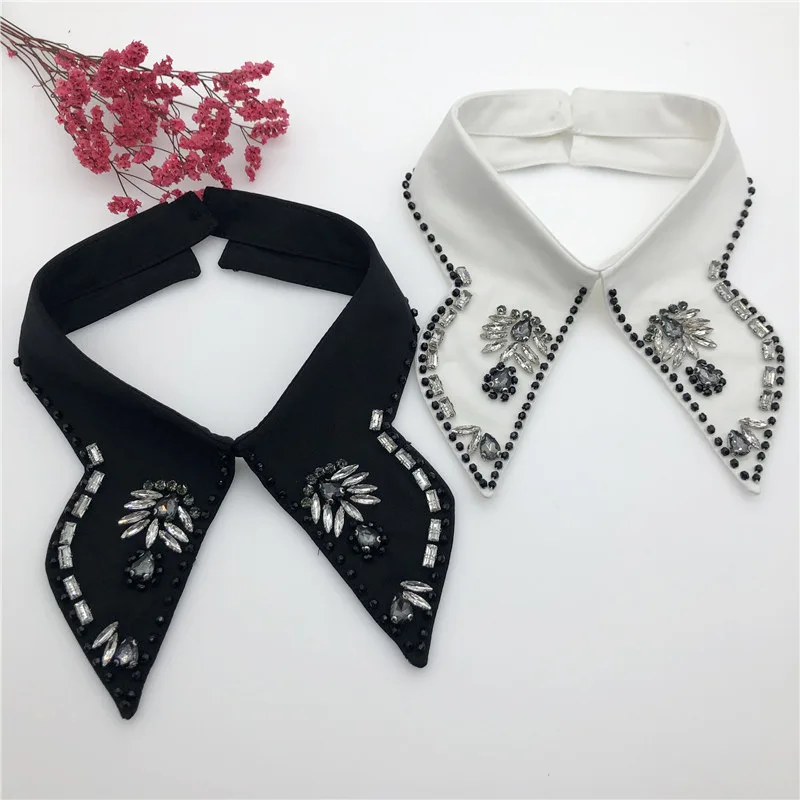 White Black Fake Collar Shirt for Women Rhinestone Detachable Collar Diamond Lapel Shirt Blouse Top Necklace Clothes Accessory