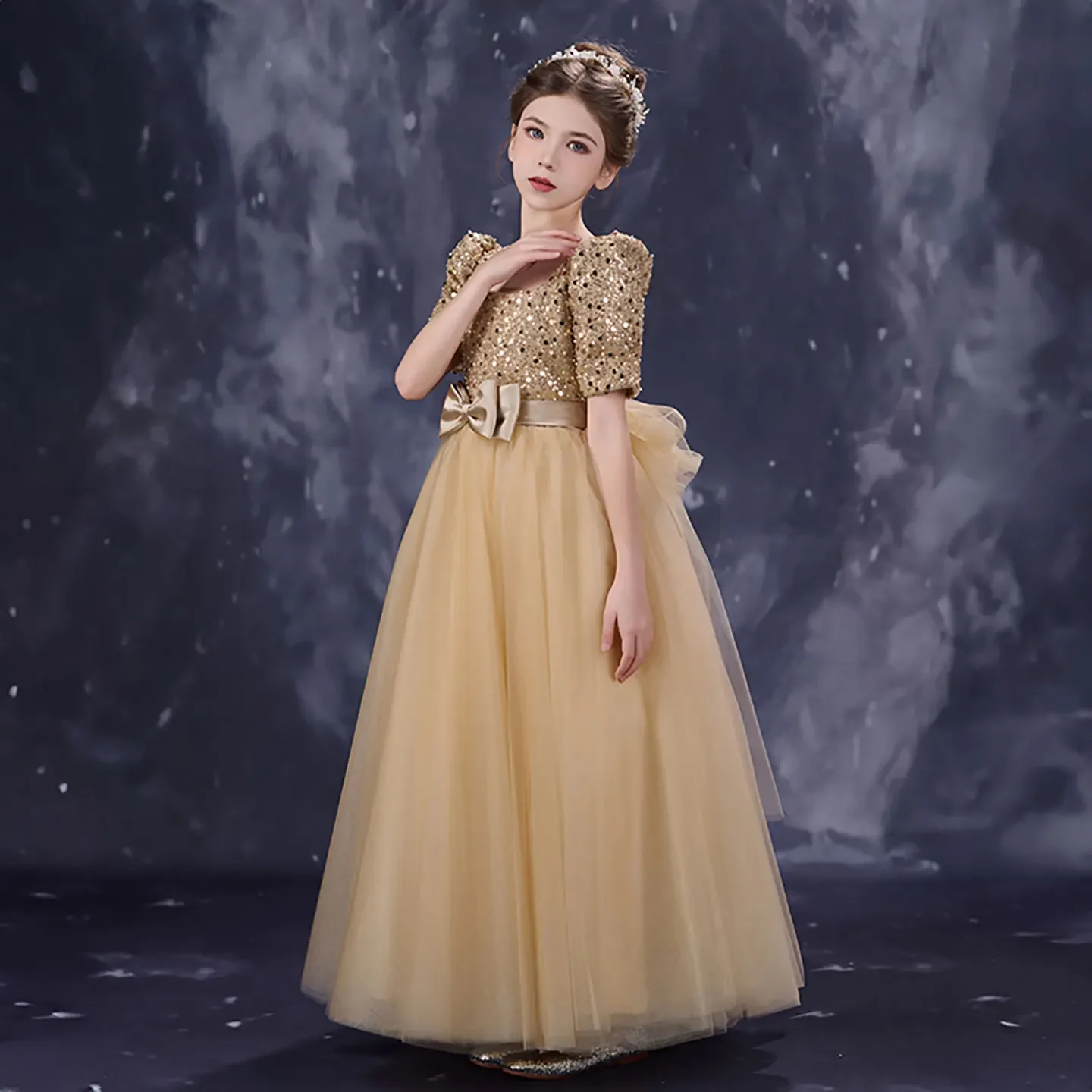 POD Luxury Champagne Flower Girl Dress Glitter Tulle Princess Ball Gown for Wedding Party Birthday Pageant Kids Dress Customized