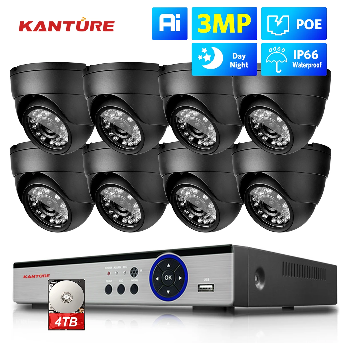 

KANTURE 8CH 4K CCTV Camera System 3MP Ai Human Detection Indoor Outdoor POE Ip Camera Night Vision Video Surveillance Set 4T