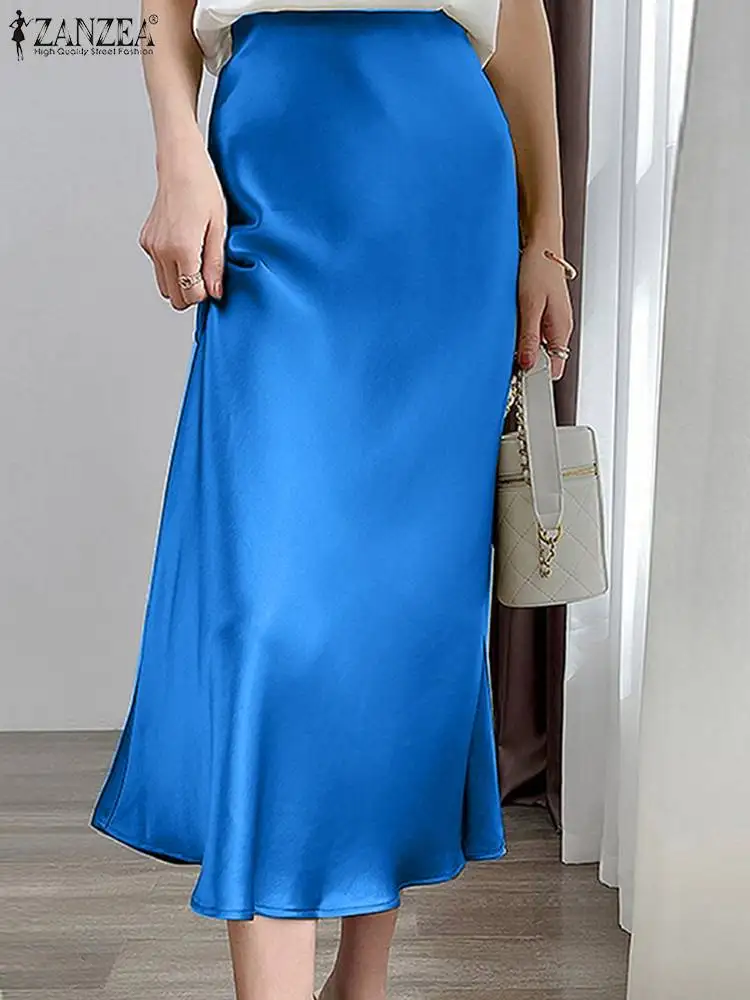 Elegant Women OL Party Satin Skirts ZANZEA 2023 Summer Fashion High Waist Solid Midi Skirt Jupe Female Holiday Work Faldas Saia