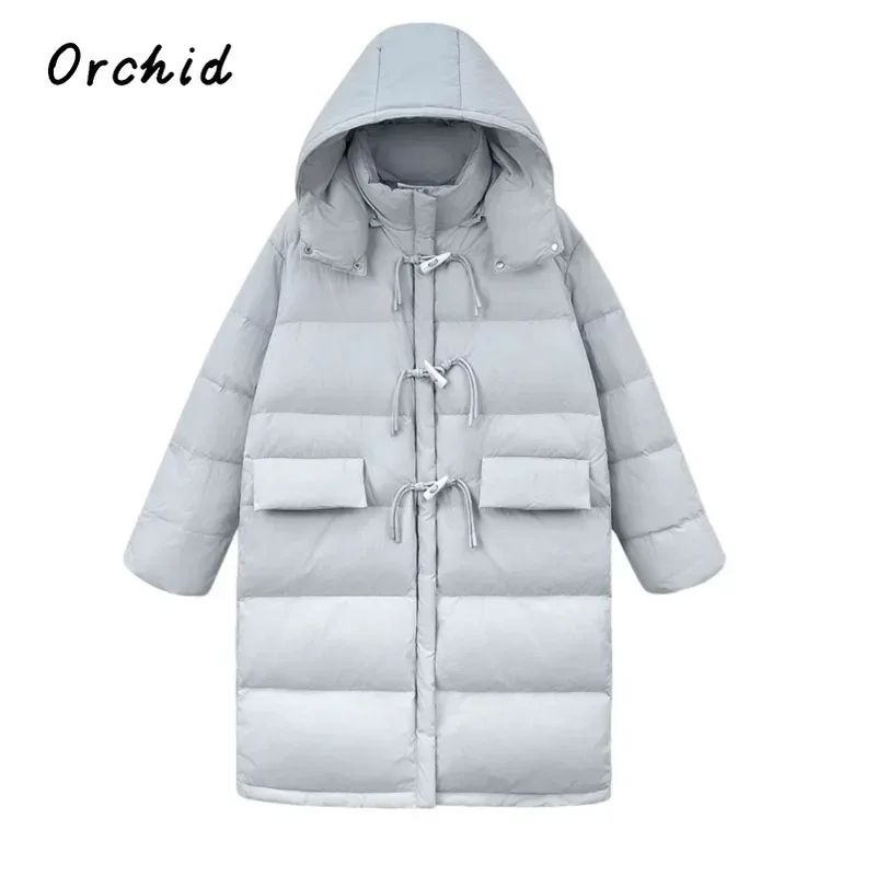 Korean Casual Style Basics Single Breasted Jacket 2024 Winter Women Hooded Outerwear Parkas Fashion Warm Solid Lace-up Coat