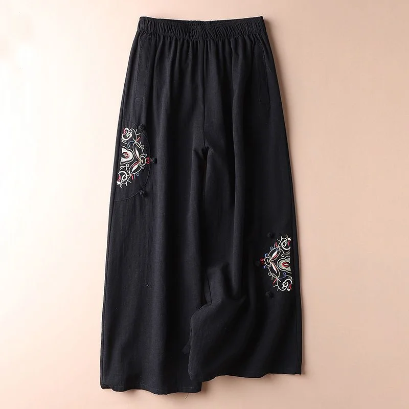 Calça reta de perna larga feminina, moda casual, linho, confortável, com elástico na cintura, estilo chinês, verão, nova, roupa de mulher, 2022