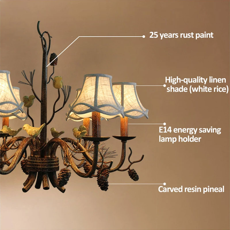 American Vintage Retro Iron LED Chandelier E14 Bulb Resin Bird Hanging Light Fixture for Living