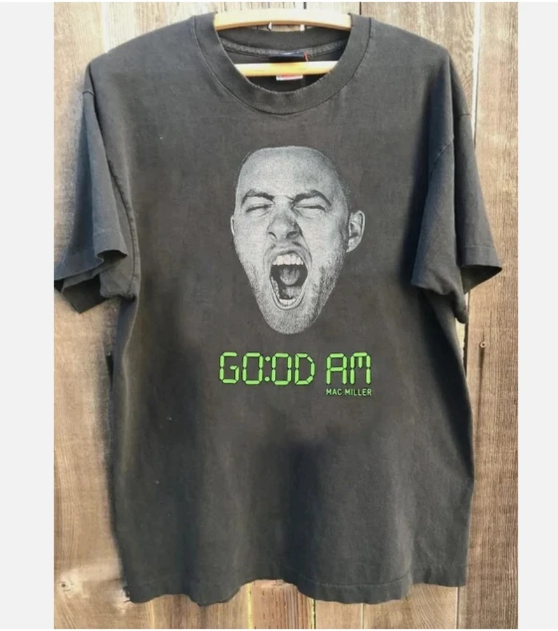 Classic Mac Miller GOOD AM tour short-sleeved shirt, charcoal gray.  Casual, loose-fitting couple's streetwear shirt.
