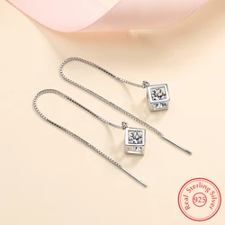 925 Sterling Silver Women's Crystal Jewelry New Long Chain Hollow Square Box Drop Earrings XY0015