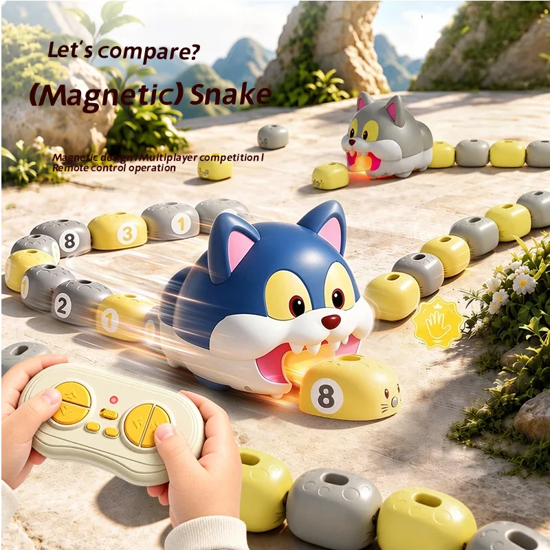 Remote Control Cat Chasing Game Toy, DIY Assemble Track Set with Number Beans, Rechargeable Light & Sound Educational Toy For