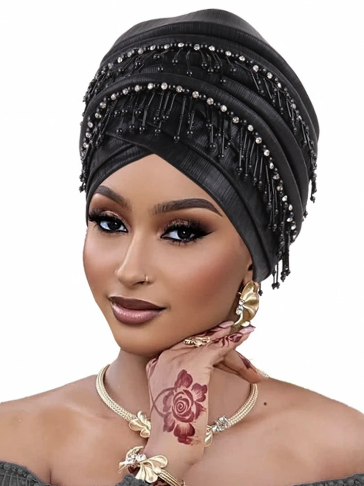 

Bronzing African Headtie Braid Turban Caps for Women Nigeria Wedding Geles Party Headgear Headpiece Auto Gele Female Head Wraps