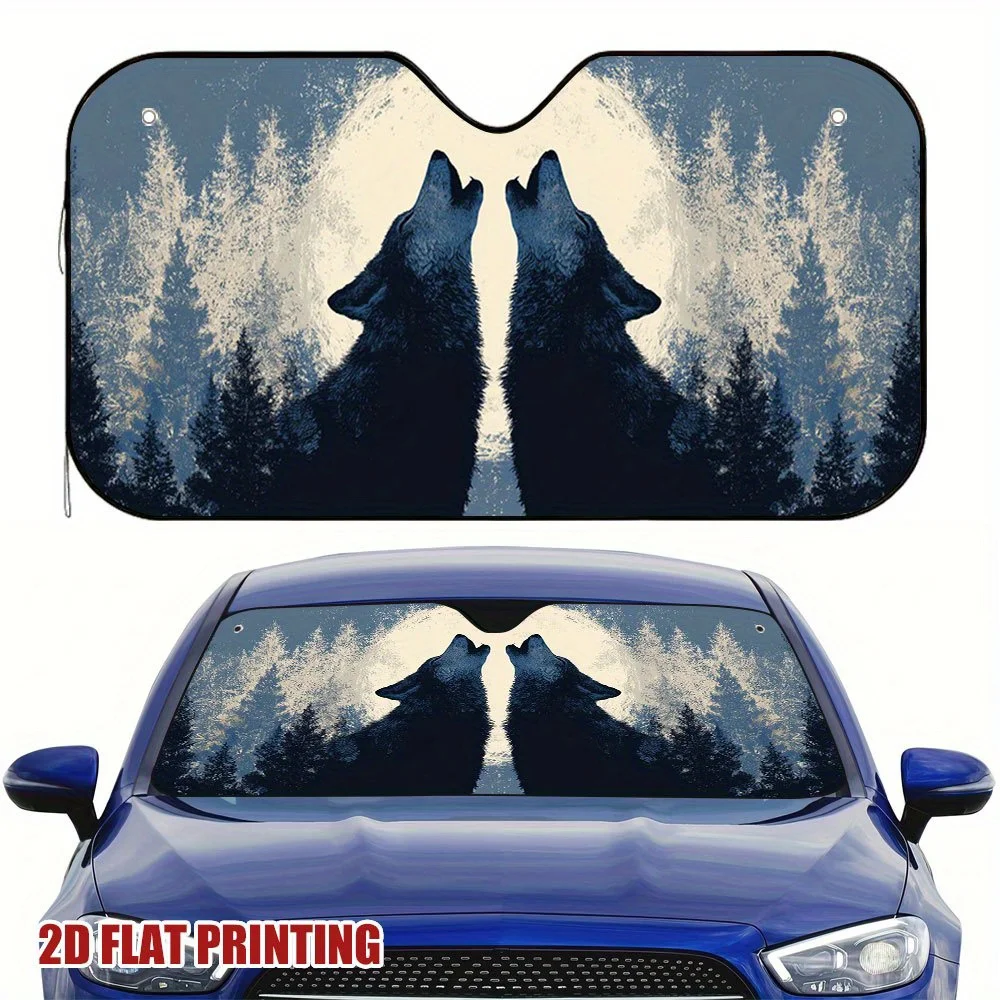 1pc Howling Wolves Under Moonlight Silhouette Car Sun Shade - UV Protection, All-Weather & Weather-Resistant, Fit For Cars, Truc