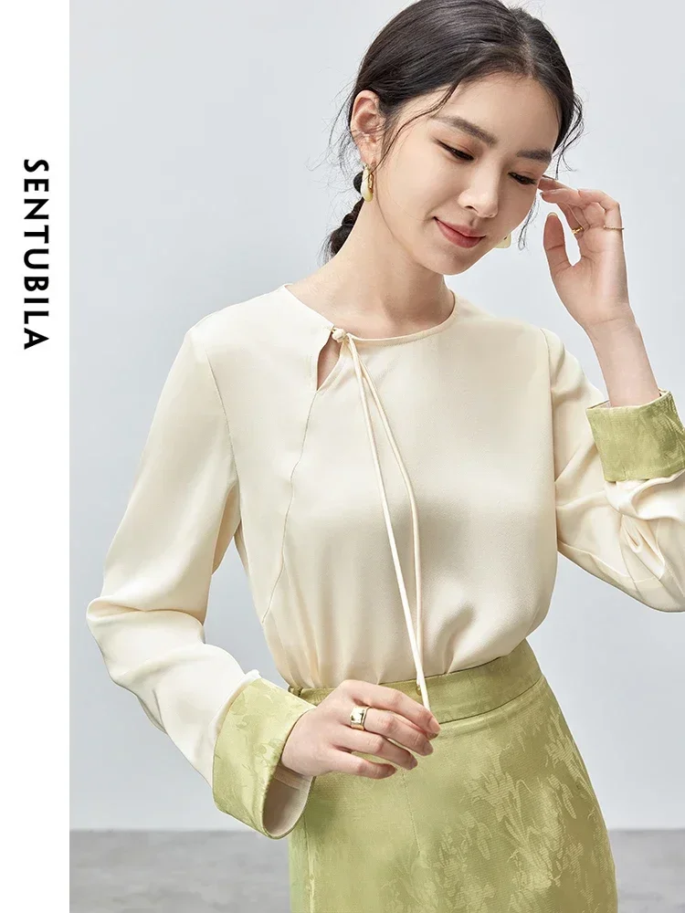 SENTUBILA 2 Piece Skirt Set Women Chinese Style 2024 Autumn Elegant Outfits Contrast Cuff Blouse Jacquard Slit Skirt 143Z55766