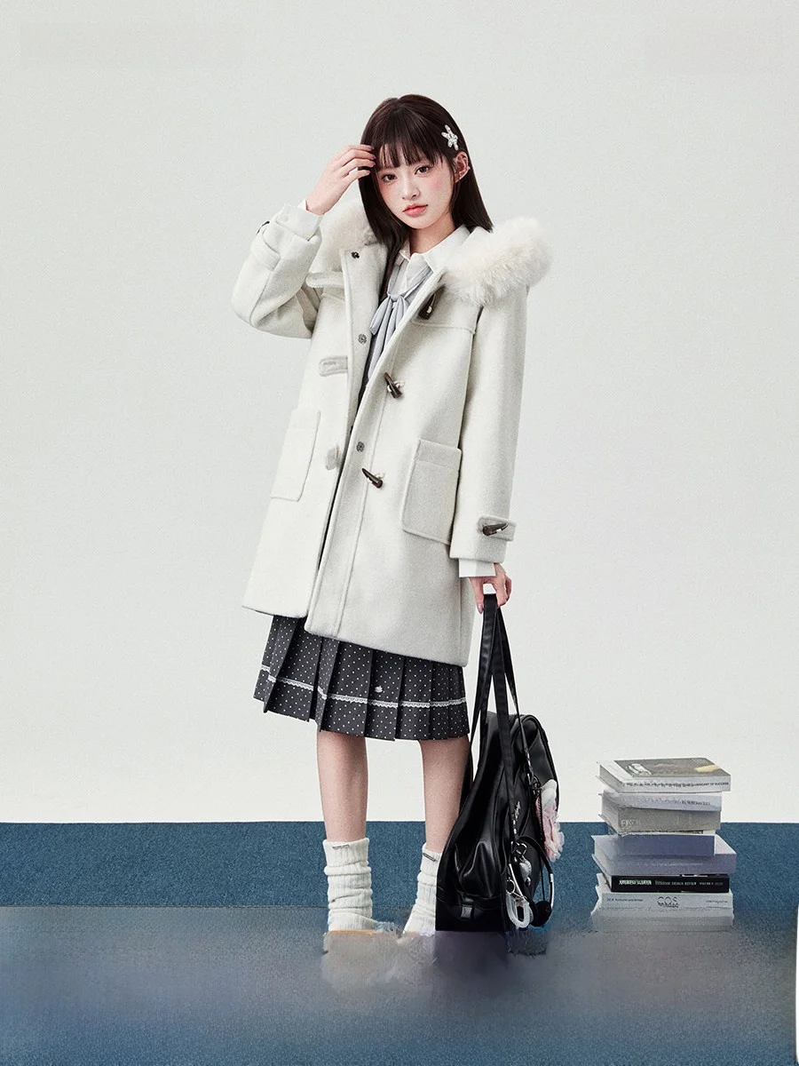 

Sweet Sle Long Length Woolen Coat with Cotton Inner Furry Appearance College Sle Autumn Winter Korean Sle Women's Jaet