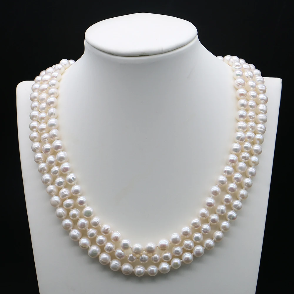 7-8mm Natural Freshwater Screw Pearl Necklace 3-layer Round Pearl Beaded With 3-row Clasp Accessory Design Elegant Jewelry Gift